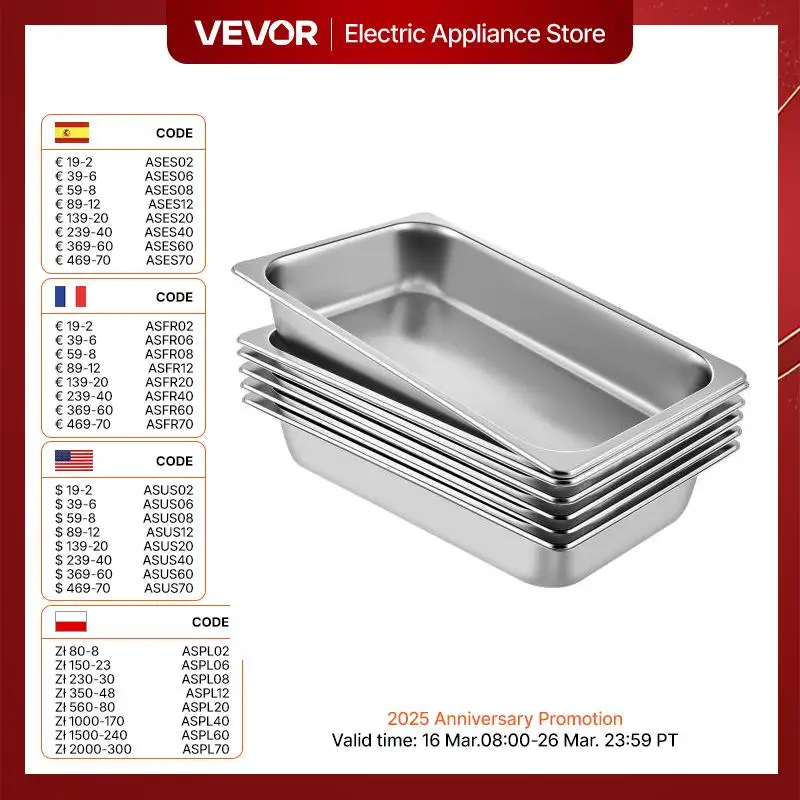 VEVOR Buffet Chafing Dishes 8.5L-20L Gastronorm Pans Steam Table Pans Tray Stainless Steel Food Container for Party BBQ Baking