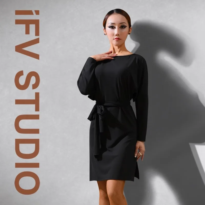 

Customized Bat Latin Dance Dress IFV Adult Women's Black Dress with Waist and Split Sleeve Long Sleeve Practice Dress