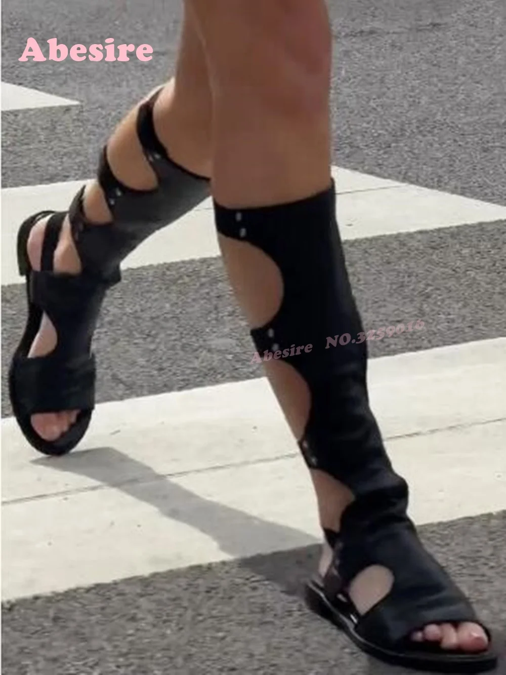 

Black Cut Out Flat Gladiator Sandals Open Toe Side Air Elastic Band Knee High Women's Sandal Boots Solid Summer Shoes Luxury