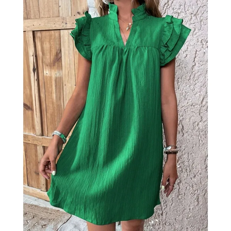 Womens Dress 2024 Summer New Fashion Versatile Multi Layered Ruffle Sleeve V-neck Pullover Dress Green Solid Mini A-Line Dresses