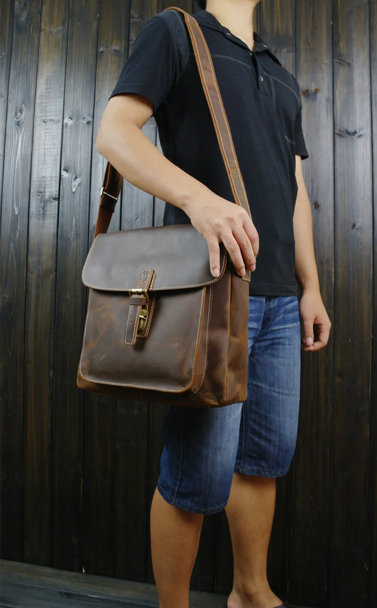 Vintage Men's Crazy Horse Leather  Genuine Shoulder Bag  Casual  Brown  Insert lock M223