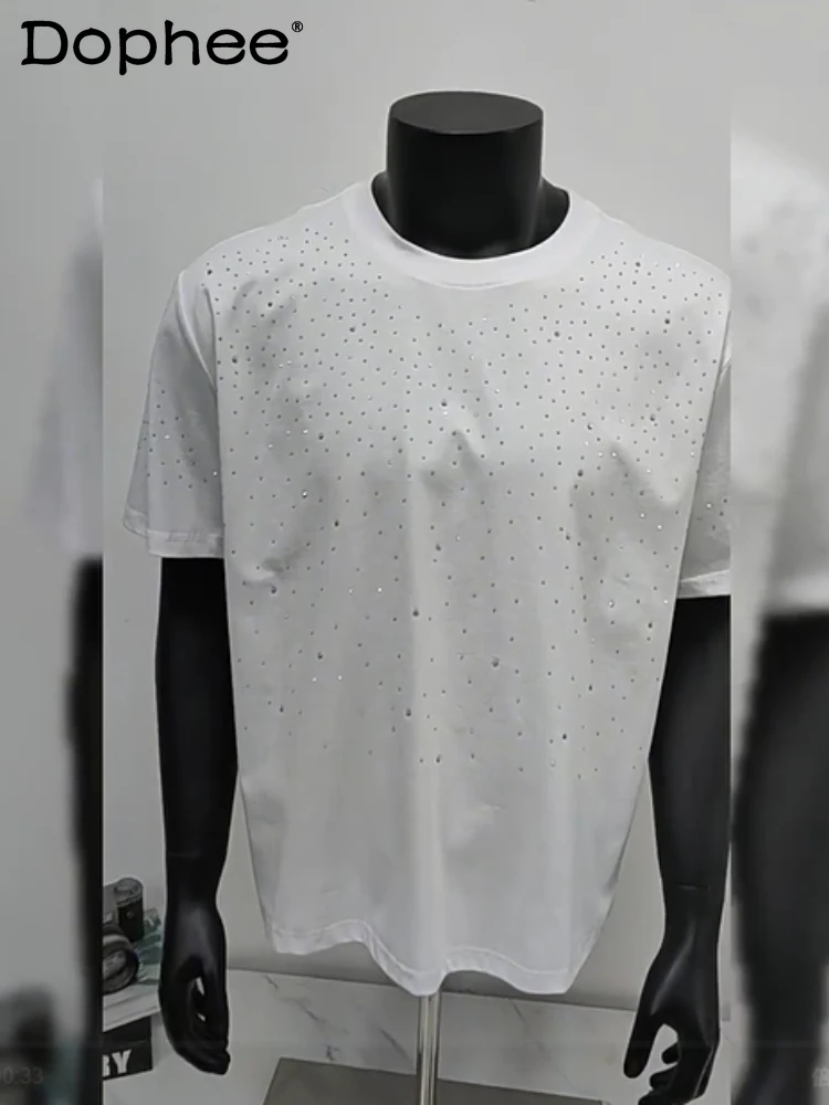

Fashion Trend Handsome Sunny Boy Round Neck Short Sleeve T-Shirt Summer New Starry Heavy Embroidery Rhinestone Half Sleeve Top