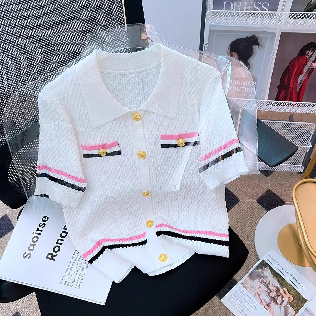 Femme 2025 New Korean Vintage Fashion Slim Buttons Knitting Top Tee Summer All-match Temperament Striped Women Clothing Sweater
