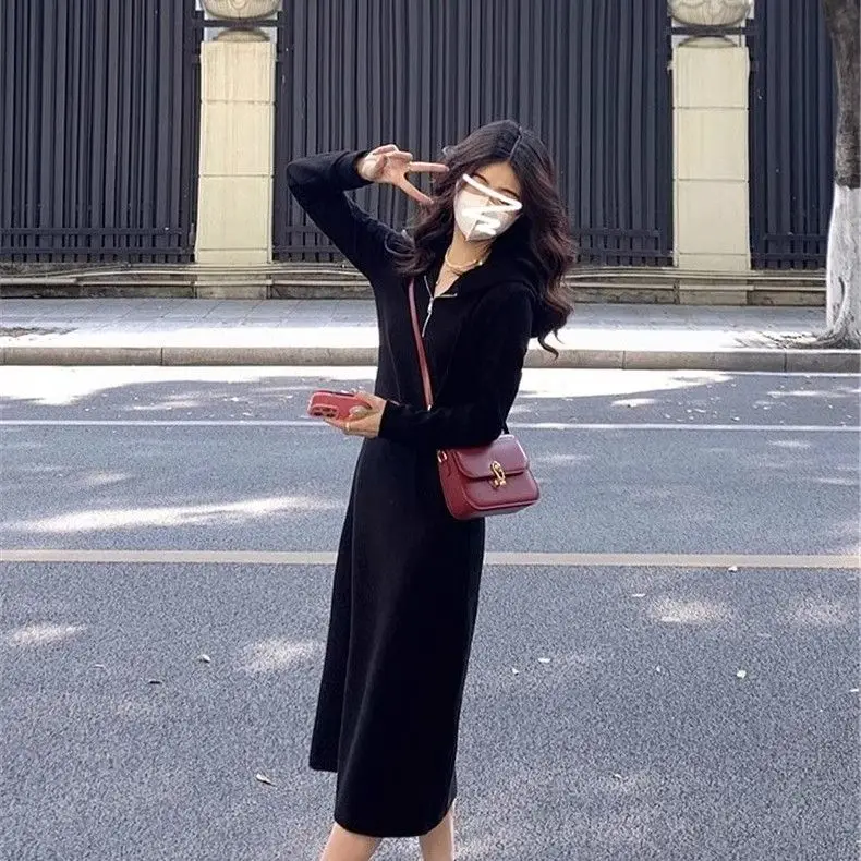 Black Hooded Slim Fit Dress for Women Loose and Lazy Style Worn Inside and Outside Long Skirt