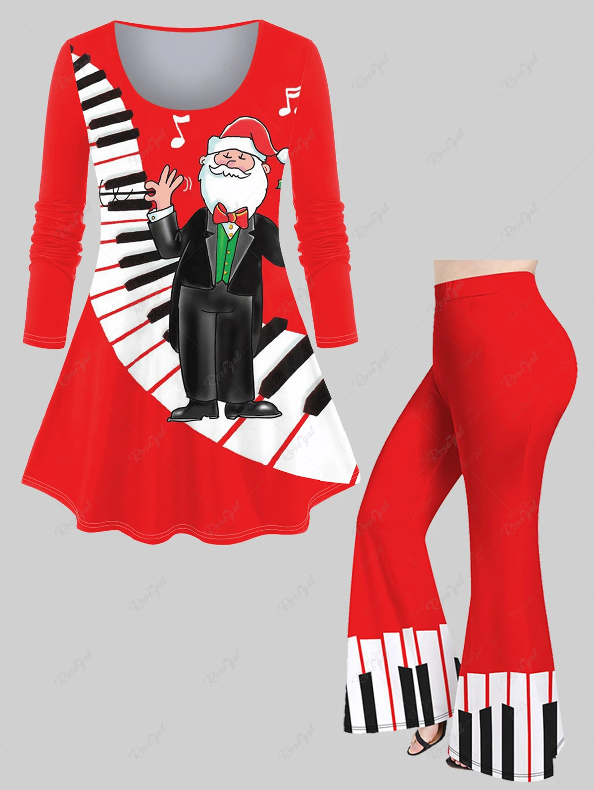 2023 New Women's Santa Claus Piano Music Symbol Print Christmas Long Sleeves T-shirt Or Flare Pants Daily Casual Matching Set