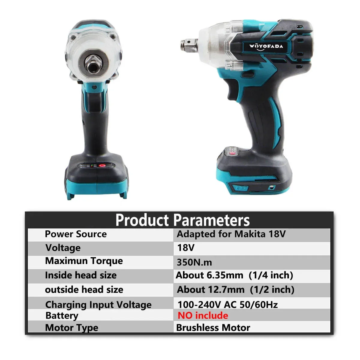 WOYOFADA 18V Cordless Brushless Electric Impact Wrench Stepless Speed Change Switch No Battery For 18V Makita battery