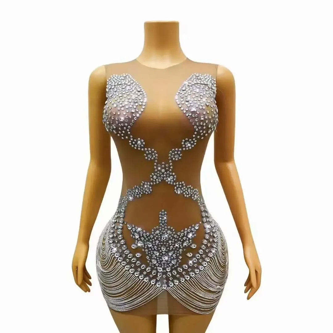 Sleeveless Flash Rhinestone Drill Chain Mini Short Dress For Women Stretch Drag Queen Outfit Goddess Night Club 2024 New Dressy