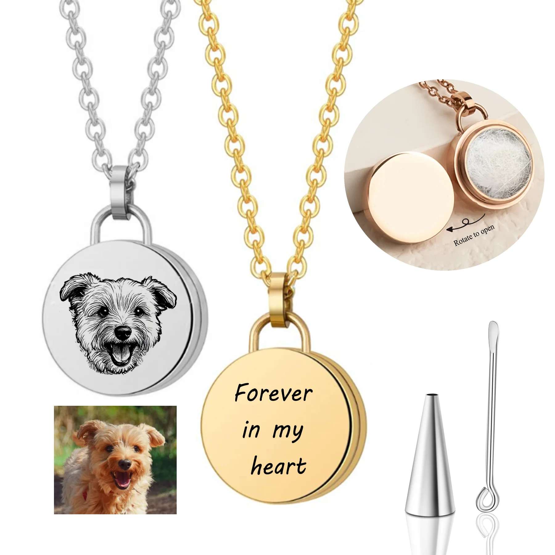 

Personalized Stainless Steel Round Circle Cremation Urn Pendant Jewelry Custom Engraved Pet Portrait Fur Memorial Jewelry