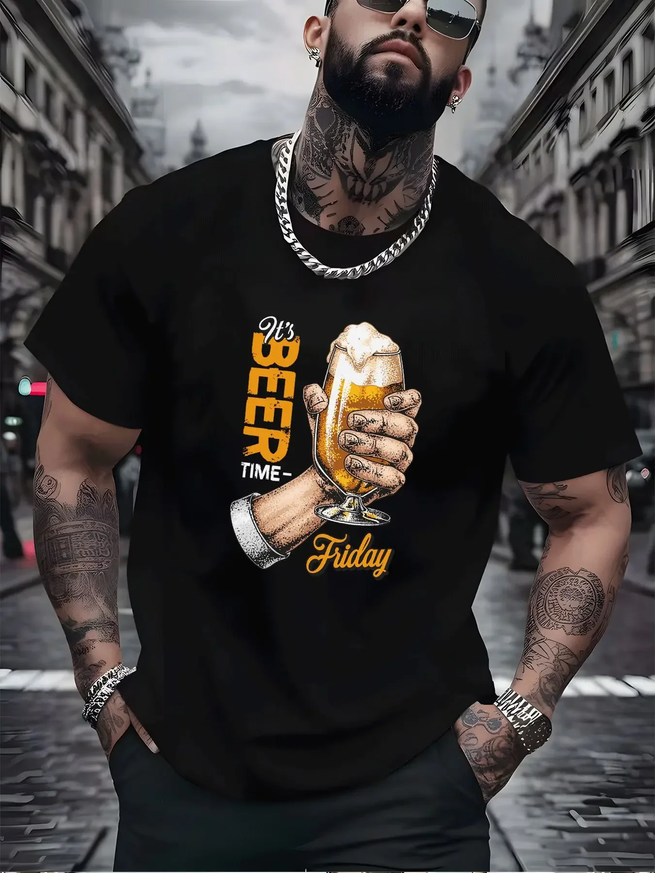 Men It's Beer Time Friday Beer Glass Hand Vintage Graphic T Shirt Beer Lover Print Crew Neck Short Sleeve Casual Streetwear Top
