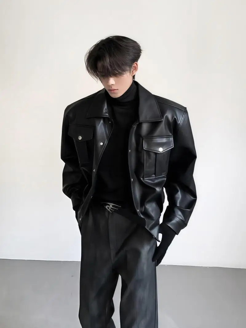 Large Pocket Shoulder Padded Niche Leather Jackets Men's 2025 Spring Autumn Faux Leather Coats High-end Trendy Motorcycle Jacket