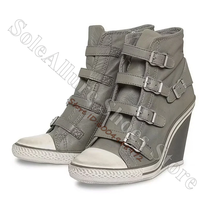 Grey Multi Buckle High Top Wedge Sneakers Vintage Toe Cap Hidden Wedge Heel Retro Street Daily Casual Walking Shoes - view 2