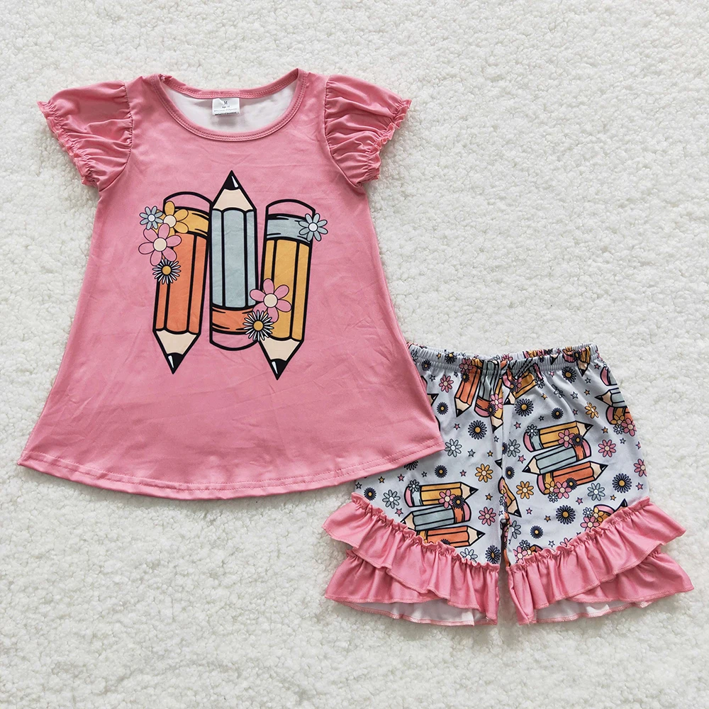 

Wholesale Summer Toddler Kids Back to School Outfit Children Short Sleeves Pencil Flower Tops Floral Ruffle Shorts Baby Girl Set