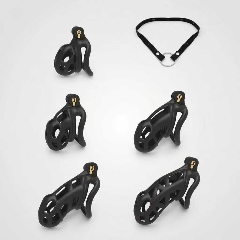 Lockable Male Security Cage Ring with Key Lightweight Double Body Black for Men Control Role Play
