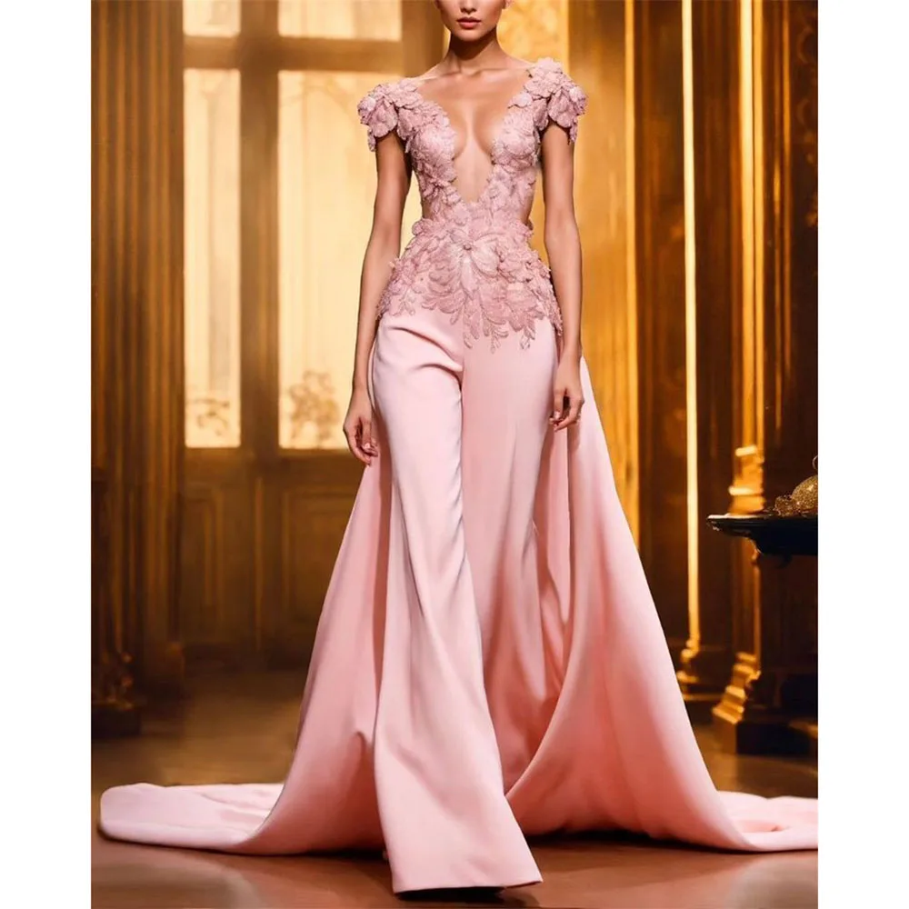 

Elegant Pink Appliques Evening Dresses Luxury Short Sleeve V-Neck Chapel Train Gowns Formal Occasion Prom Dress Vestidos 2025