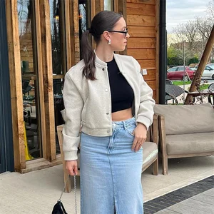 Bomber Damens Cropped Traf Jacket, Long -Sleeved -Mäntel, elegante Tweed, Beige und schwarze Mäntel, Neuheit in 2021, 2024 6 Hauptverkaufsbomber schwarz - №6