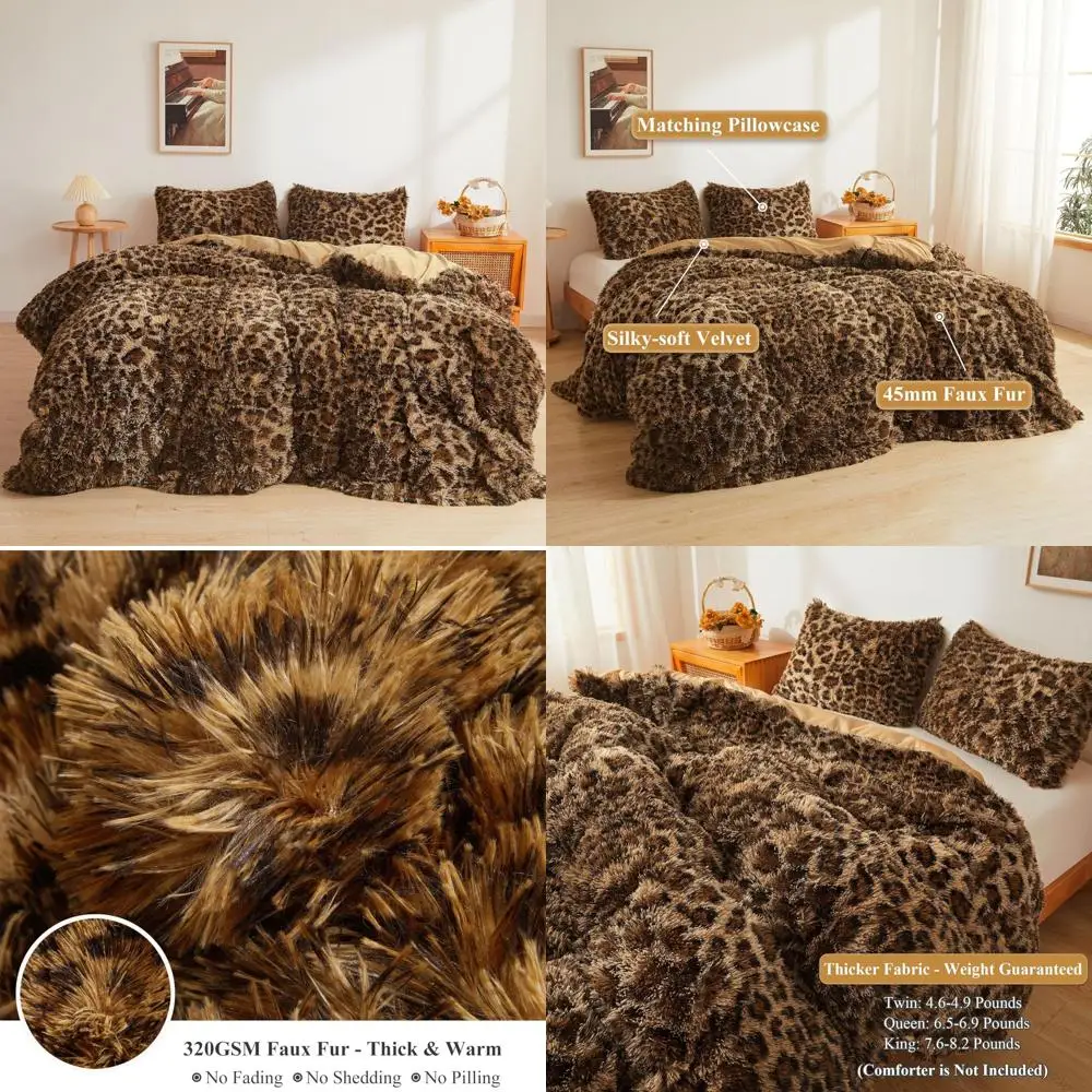 

Luxurious Plush Leopard Print Faux Fur Duvet Cover Set, 3-Piece Soft Shaggy Fuzzy Bedding Ensemble