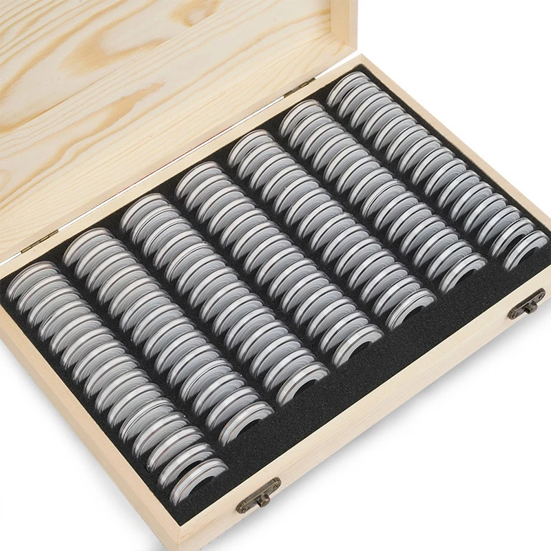F-T Wooden Coins Display Storage Box Case+100 Grids Round Slab For Certified Coin Handcrafted With Premium Pine Wood Durable And