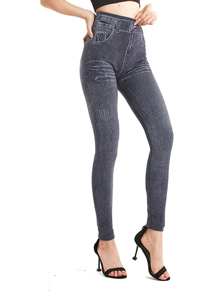 CUHAKCI-Jeans falsos para mulheres, leggings de treino de ioga, jeggings macios sem costura, imitação jeans elástico alto, calça lápis, cinza