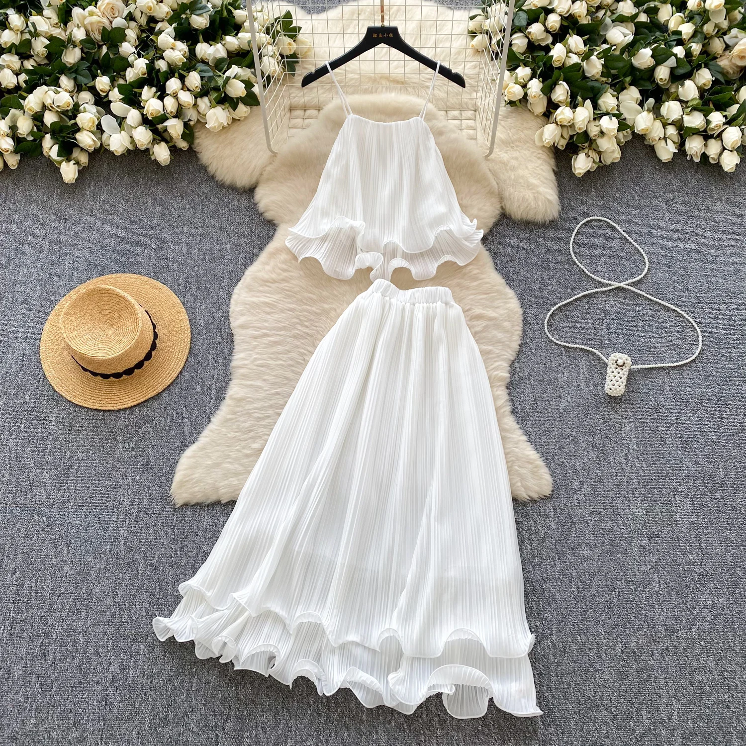 

Women Summer sweet ruffle Solid Color Fashion Set Beach Strap Top Split Casual dress Two Piece Set