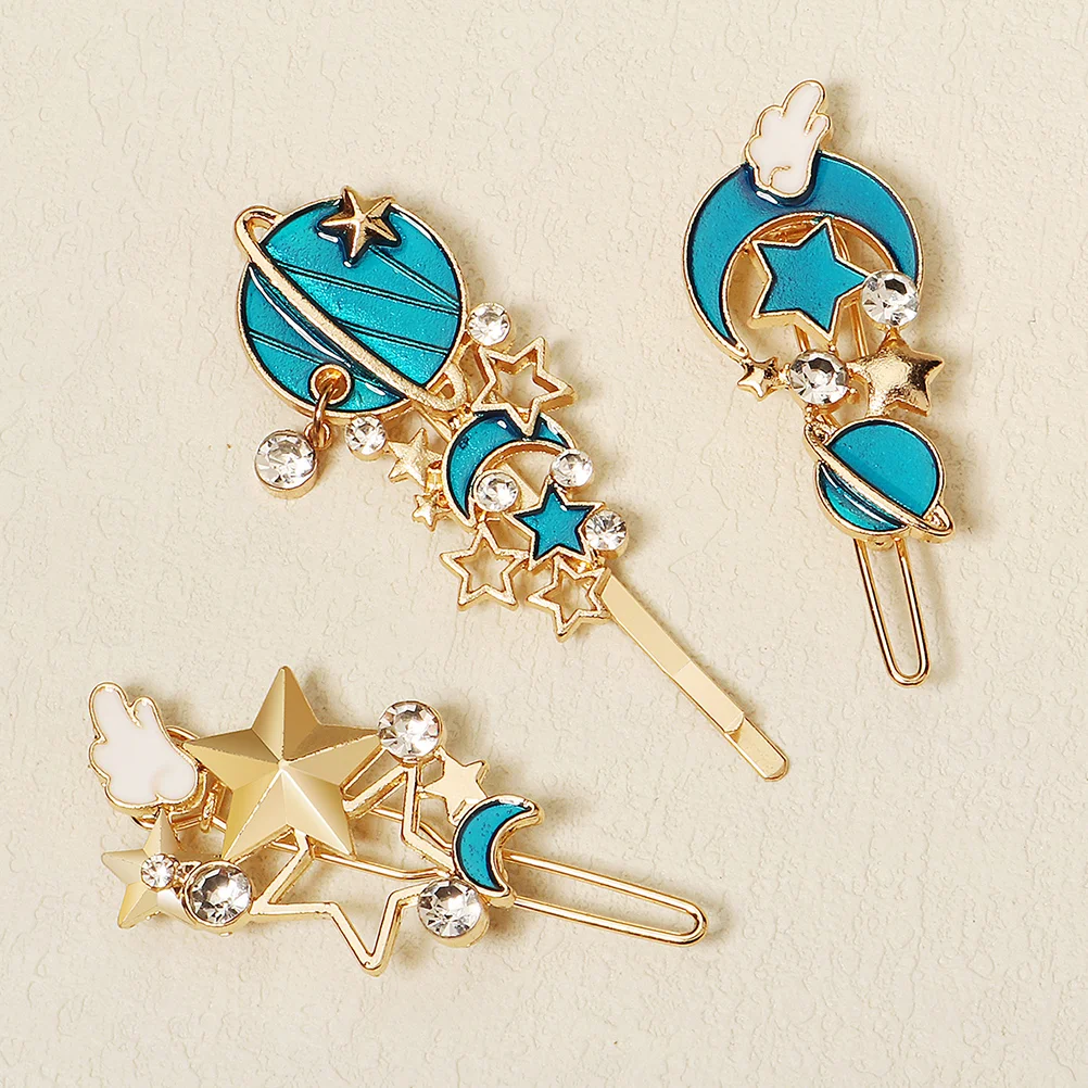 3 ชิ้น Bangs ผมคลิปด้านข้างคลิปกลวง Star Hairpins งานแต่งงาน Moon Blue เครื่องประดับ Miss