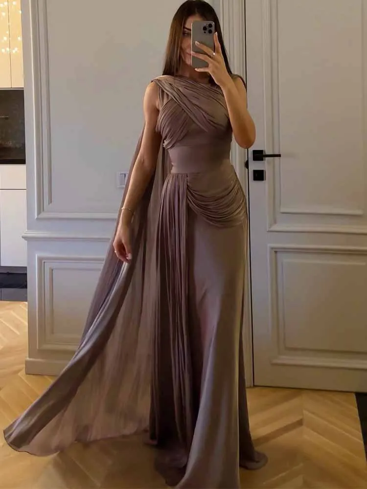 Femmes élégantes plissées irrégulière robe Maxi Chic Patchwork sans manches ruban Satin soirée robe de bal 2025 tempérament robe longue