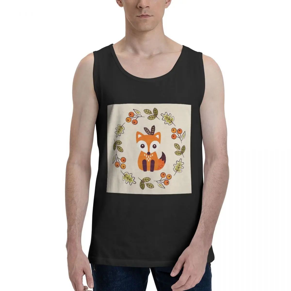 Little Fox With Autumn Berries 100% Cotton Men's Sweatshirt Vest Sleeveless Clothing Tees Men Tank Tops T-shirt
