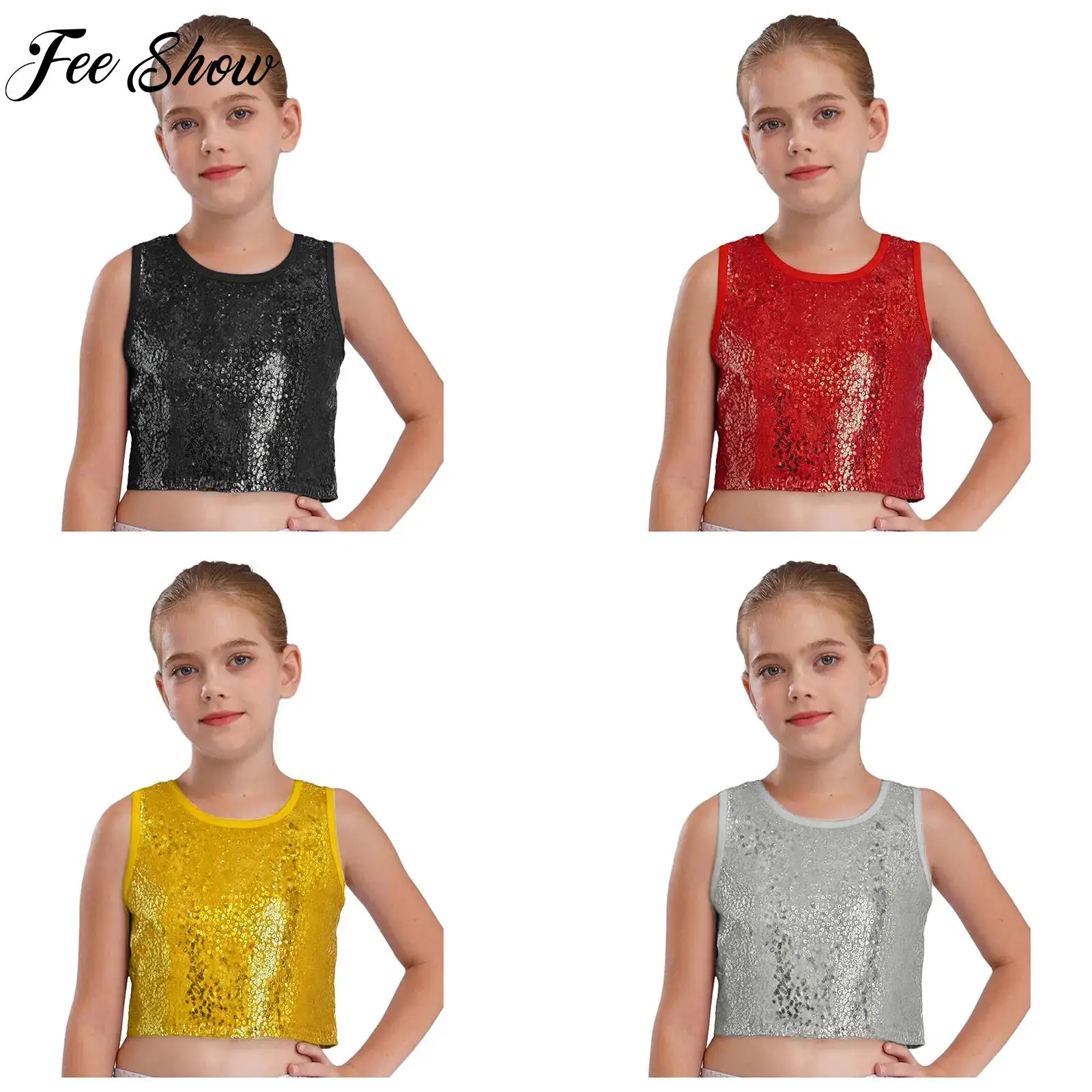 

Children Sleeveless Hip Hop Jazz Street Dance Vest Sparkling Sequins Tank Top Kids Girl Party School Stage Performance Dancewear