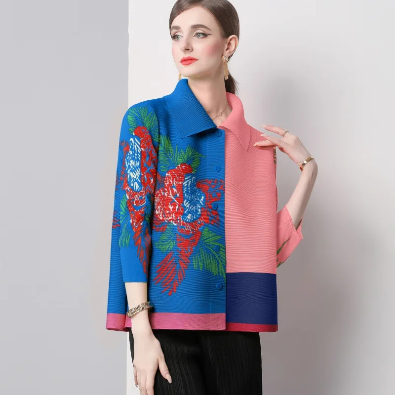 Women Elegant Camisas Turn Down Collar Casual Tops  Contrast Color Print Pleated Loose Shirts & Blouses Female Autumn 2024