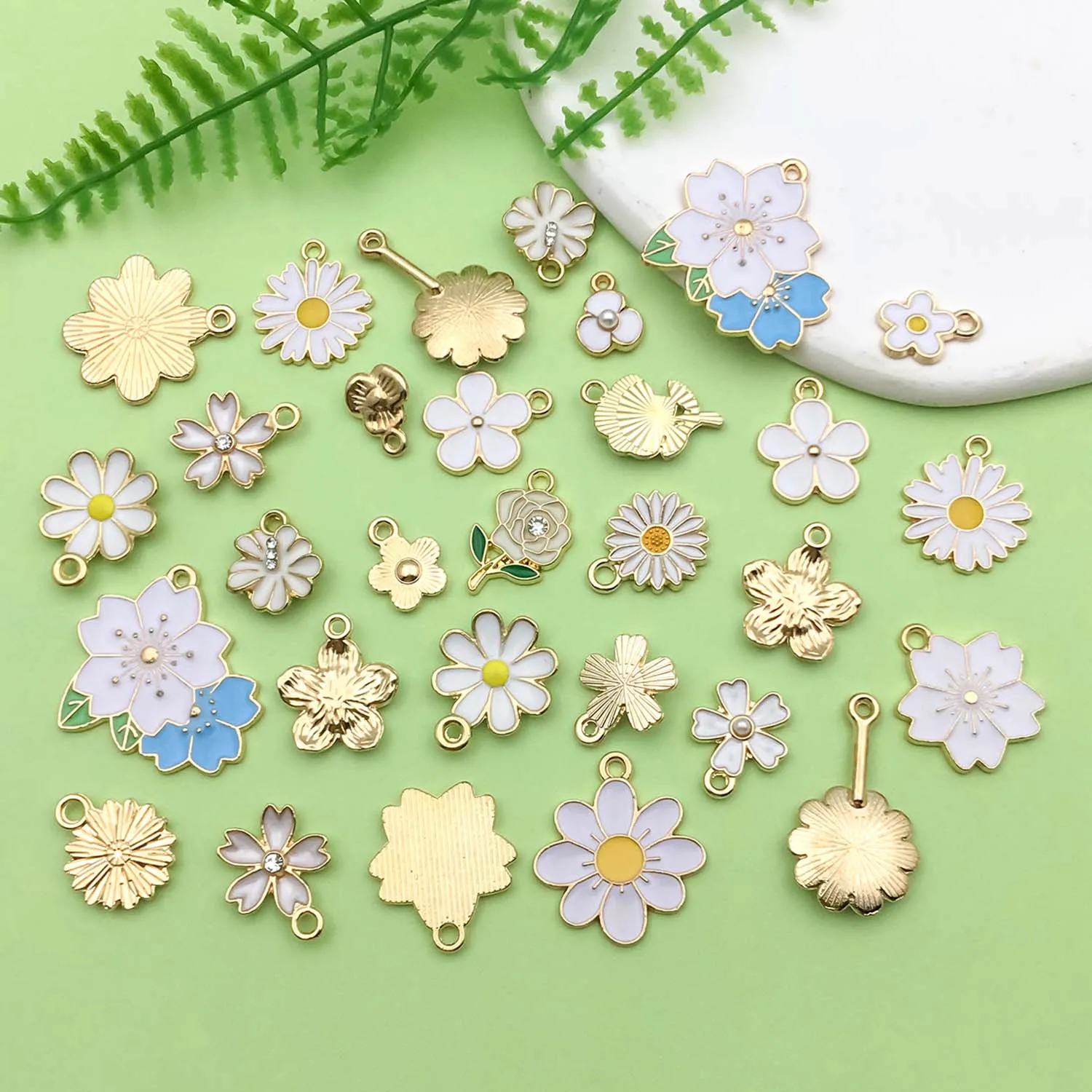 30pcs White Enamel Flower Charms Alloy Small Daisies, Cherry Blossoms, Sunflower Pendants For DIY Jewelry Making Accessories