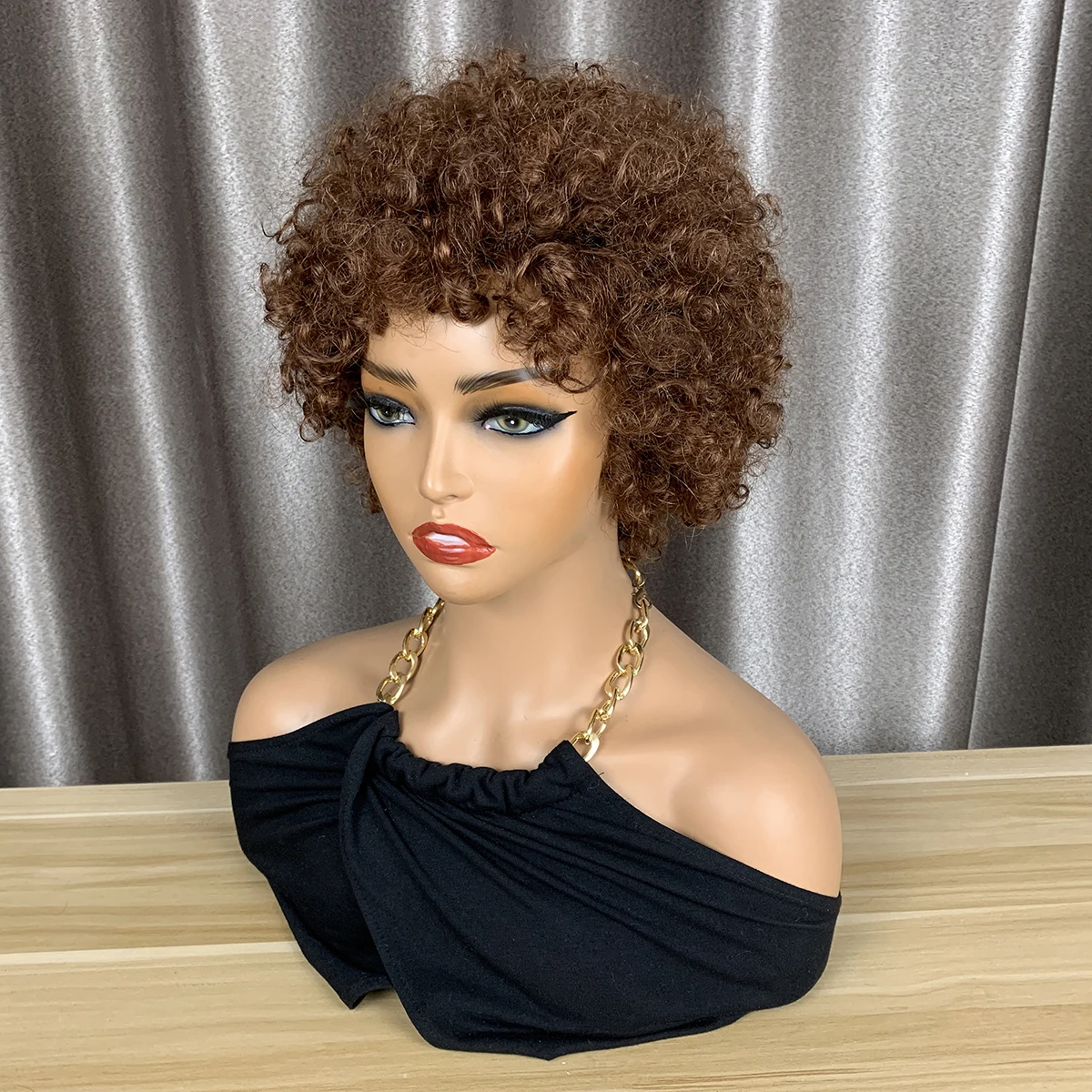 Ingwerfarbene lockige Pixie-Cut-Perücken # 33 Echthaar-Pixie-Cut-Perücken, 180% farbig, vollmaschinell gefertigte Echthaarperücken, einfach zu tragen, Hairugo – Detail 3