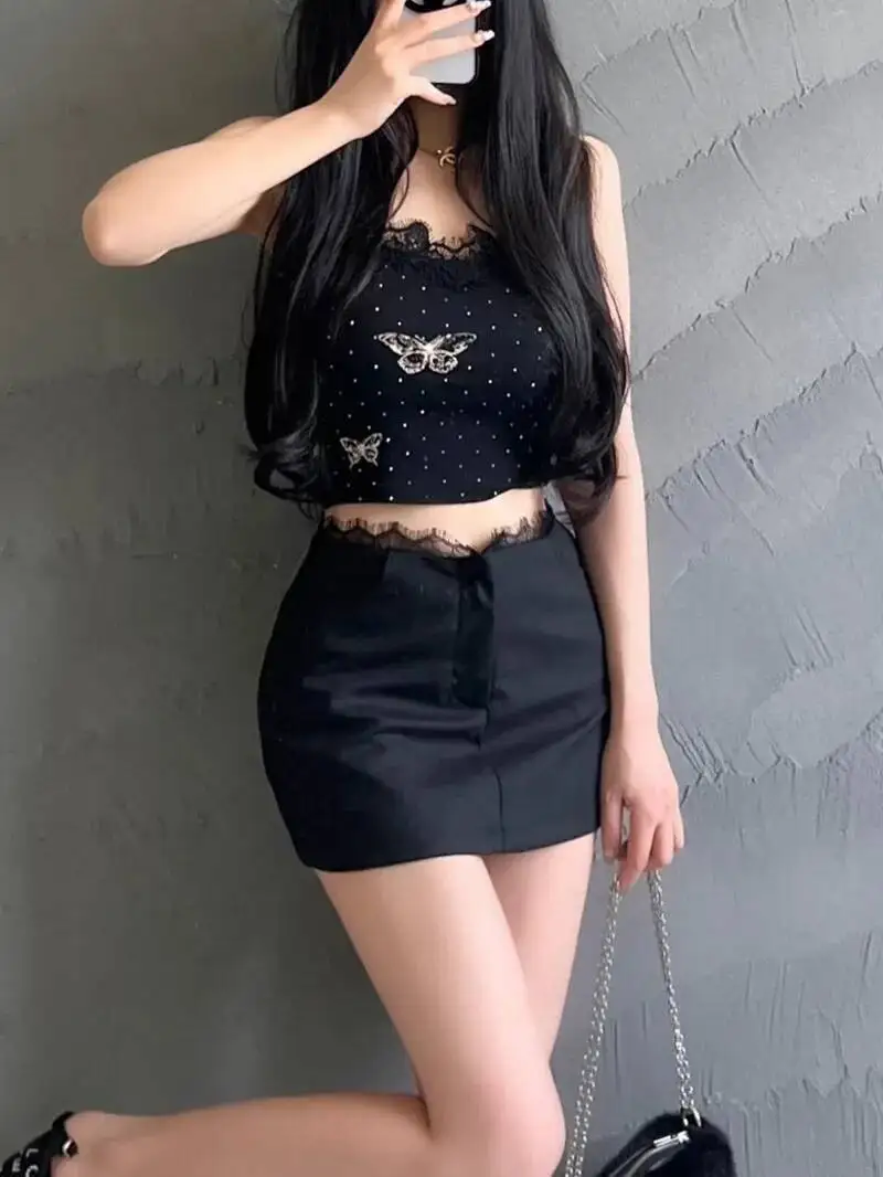 Pure Desire Hot Girl Lace Splicing Strap Vest Women's Summer Short Butterfly Printed Top Fashion Tank Tops Butterfly 2025 B7UD