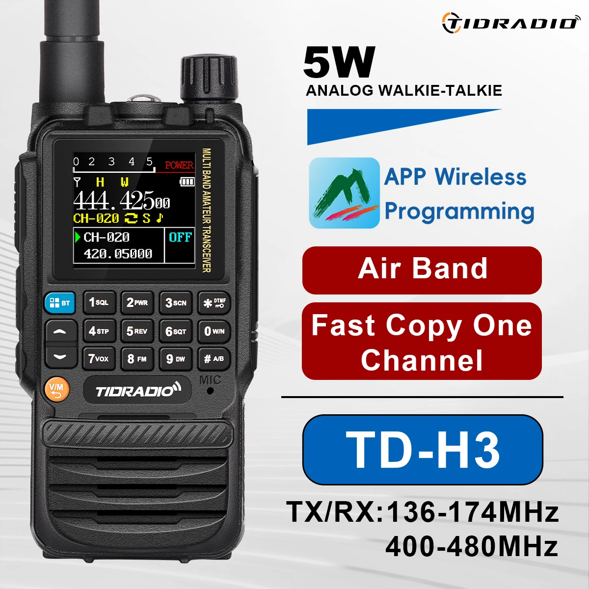 TIDRADIO H3 Long Range Walkie Talkie Phone APP Wireless Programming Dual PTT Air Band Radio USB-C Cable Programming &Charge