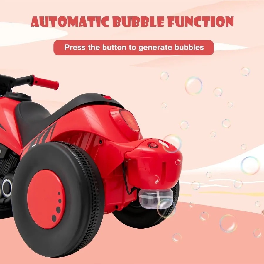 Motorcycle 6V Electric Ride On Car with Automatic Bubble Function Foot Pedal Headlight Music 3 Anti-Skip Wheels Vehicle for Tod