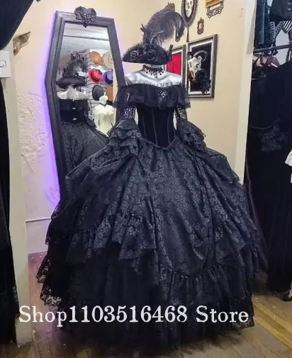 Vintage Victorian Prom Dress Black Lace Long Sleeve Masquerade Dress Off the Shoulder Gothic Halloween Customised