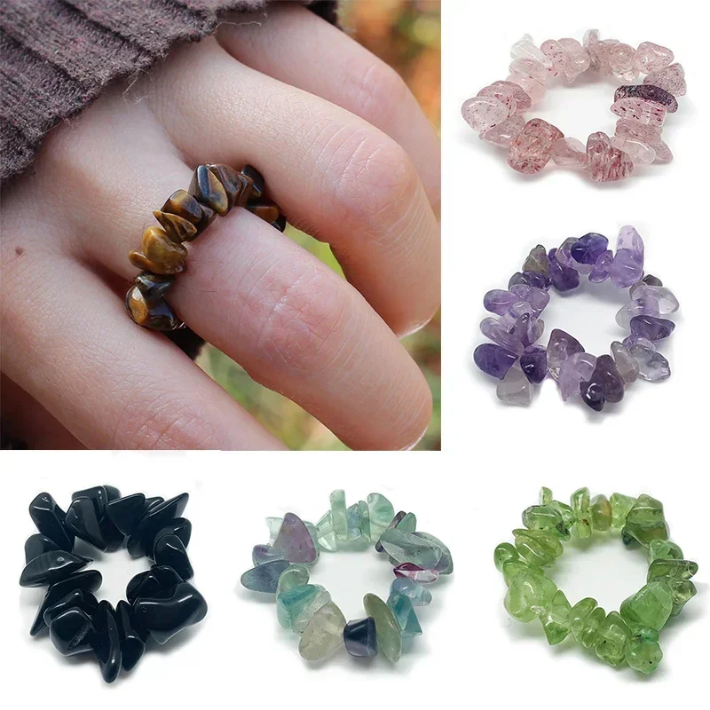 Boho Handmade Natural Stone Rings Women Stretchy Fashion Jewelry Multi Color Adjustable Crystal Wedding Party Rings