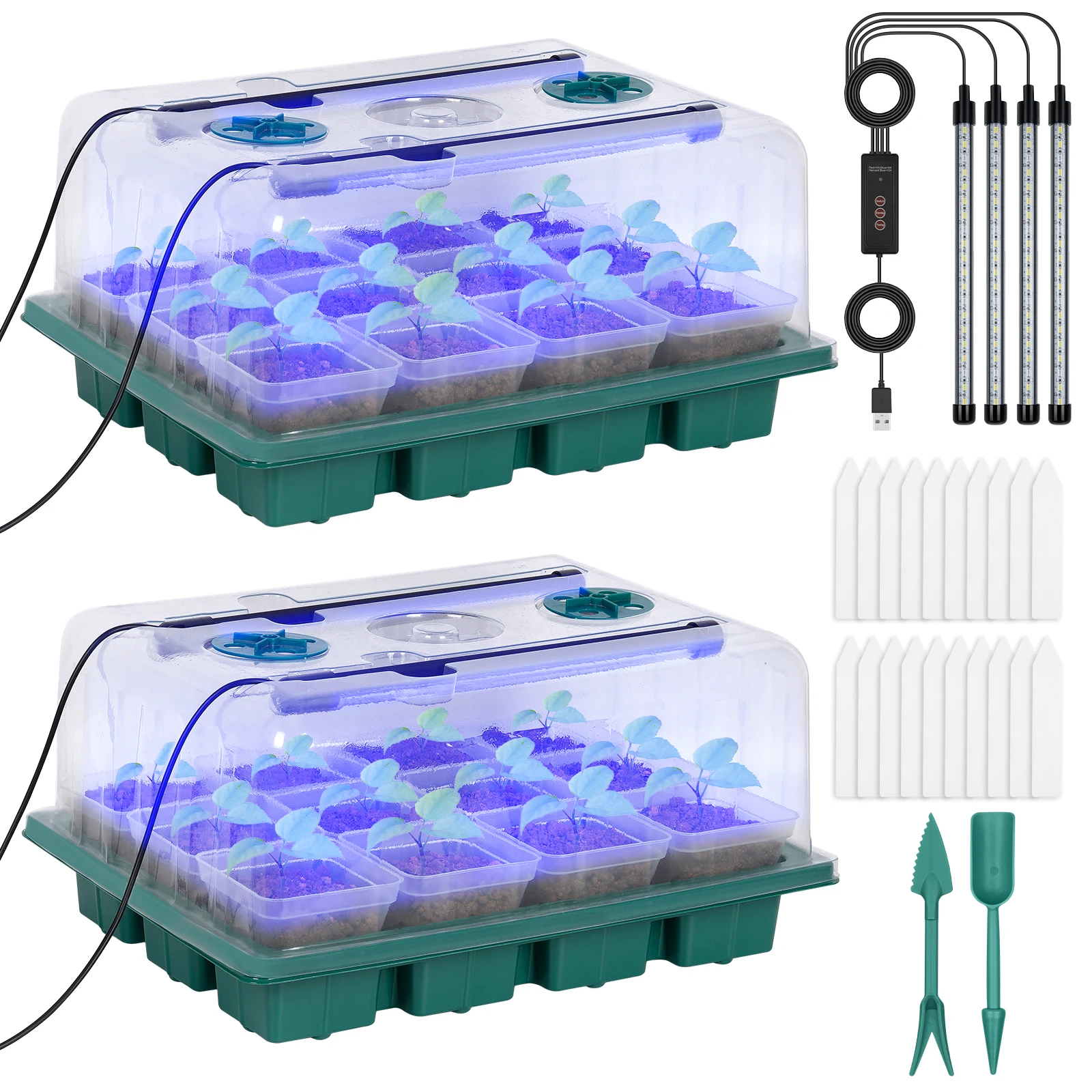 Green, seed starter tray with grow light, a set of silicone 24-cell seedling cups, with humidity dome and controller.