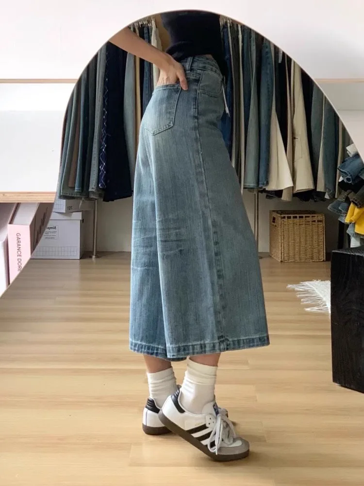 ハイウエストワイドレッグクロップデニムジーンズ レディース ルーズフィットストレートレッグパンツ 秋新作 スリープラスサイズ ストリートファッションジーンズ