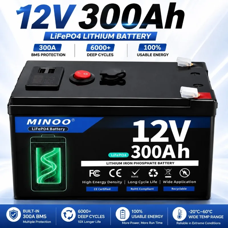 LiFePO4 12V 300AH 12V 200AH 배터리 무료 충전기 12V 리튬 배터리 내장 300A BMS 6000+ 사이클 태양광 RV 해양 에너지용