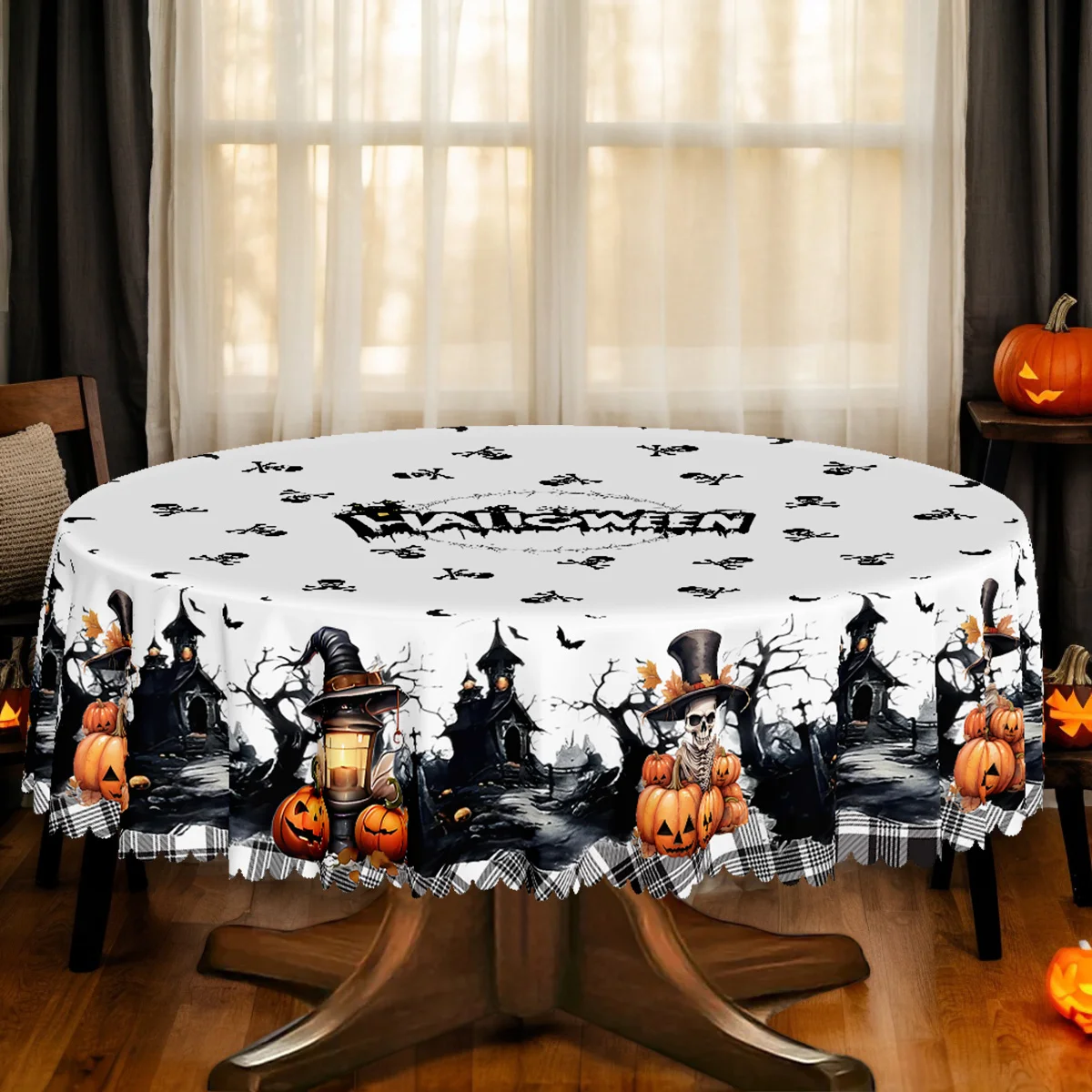 One polyester tablecloth, a retro Halloween-themed tablecloth, a tablecloth with a print of a pumpkin skull, bat, and castle.zyc
