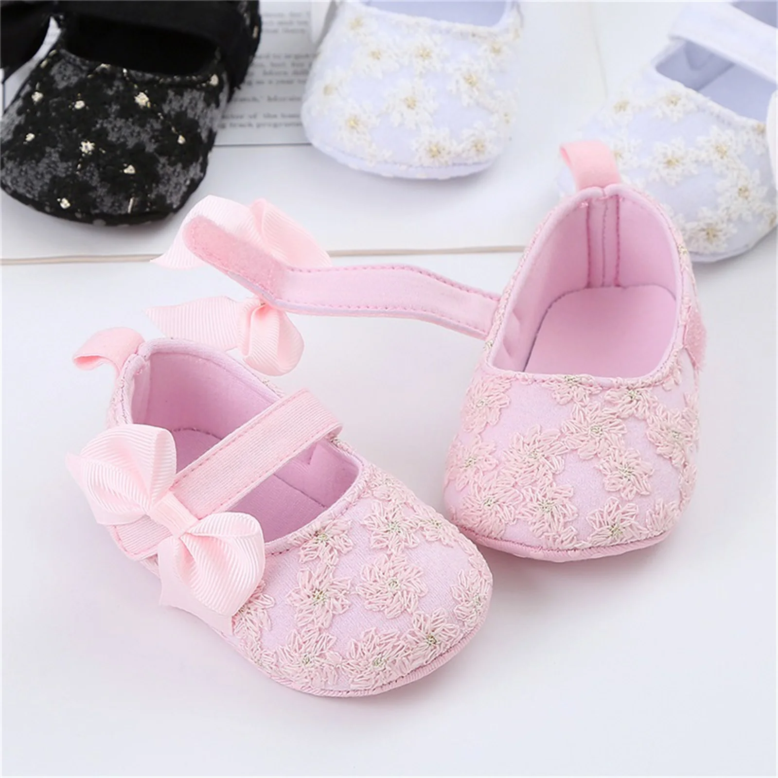 Toddler Infant Baby Girls Floral Lace Flats Soft Sole Non-slip Bowknot Princess Wedding Dress Casual Walking Shoes