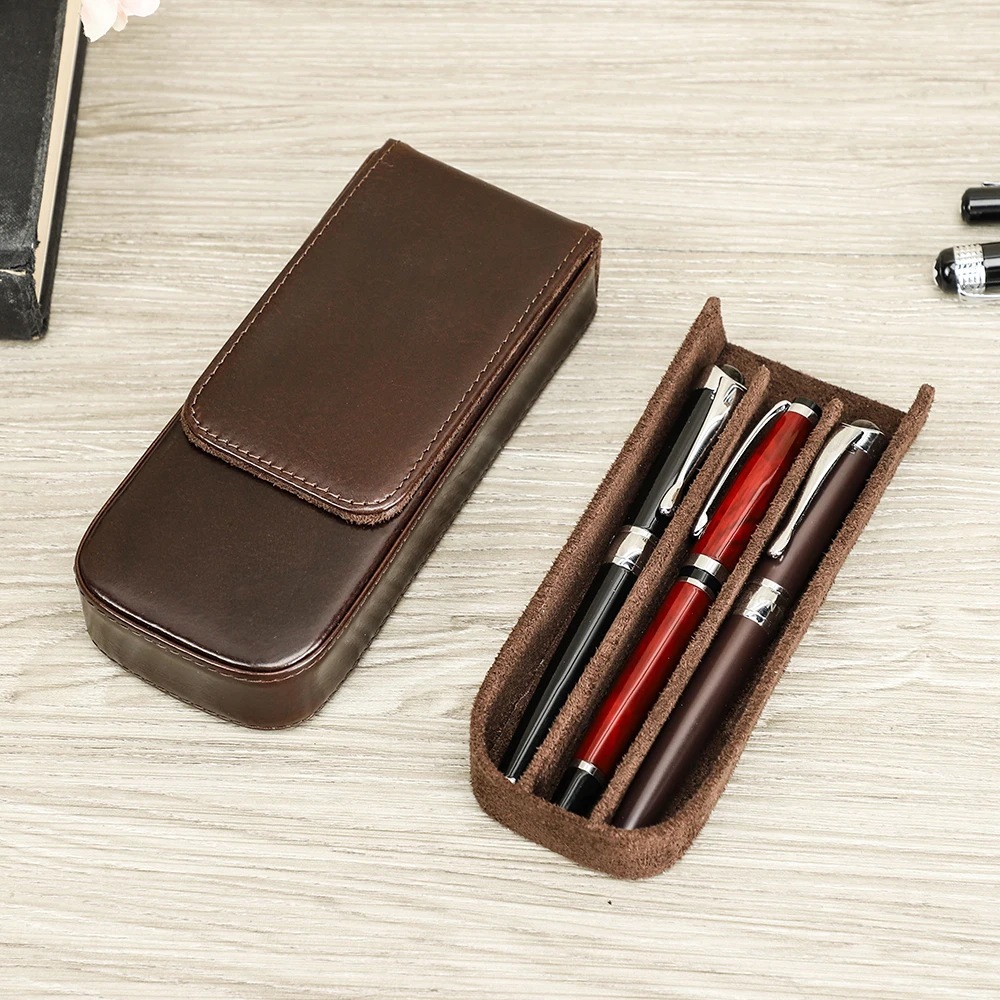 Handmade Genuine Leather Pencil Case Vintage Retro Style Cowhide Pen Pencil Box School Bag Office Stationery for Men Women