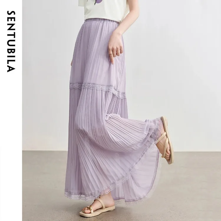 

SENTUBILA Women's Lace Ruffles Purple Skirt 2025 Summer Romantic High Waist Skirt Pleated Layered A Line Long Skirts W52QA2020