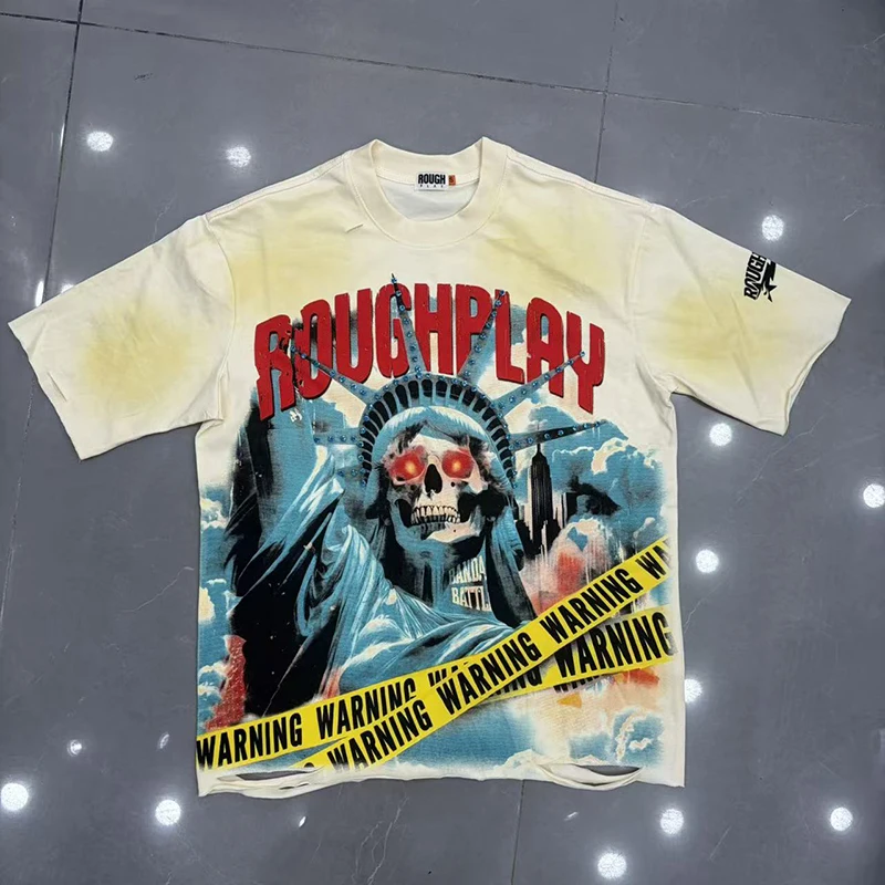 2026 New Rough Play Unisex T Shirt Skull Liberty Statue Warning Tape Print Short Sleeve Top
