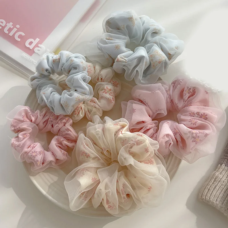 Dupla camada de seda Organza Scrunchies para meninas, doce flor cabelo banda, rabo de cavalo, bandas de borracha, laços, acessórios de cabelo