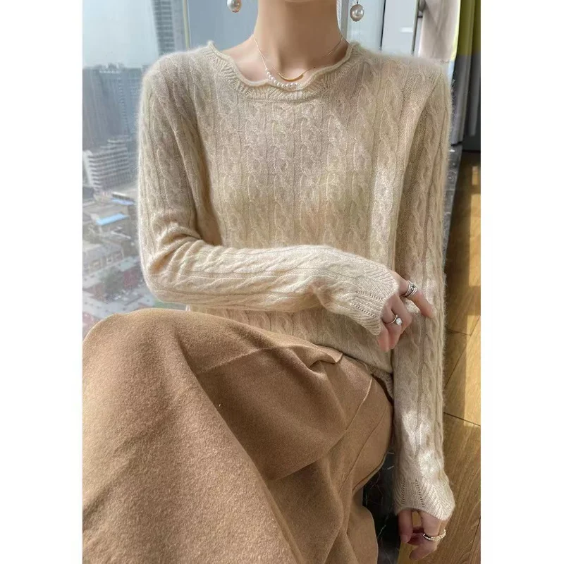 Jersey de cuello redondo, suéter de manga larga tejido para otoño e invierno, ropa de mujer, Tops de oficina con hilo de tornillo de Color sólido