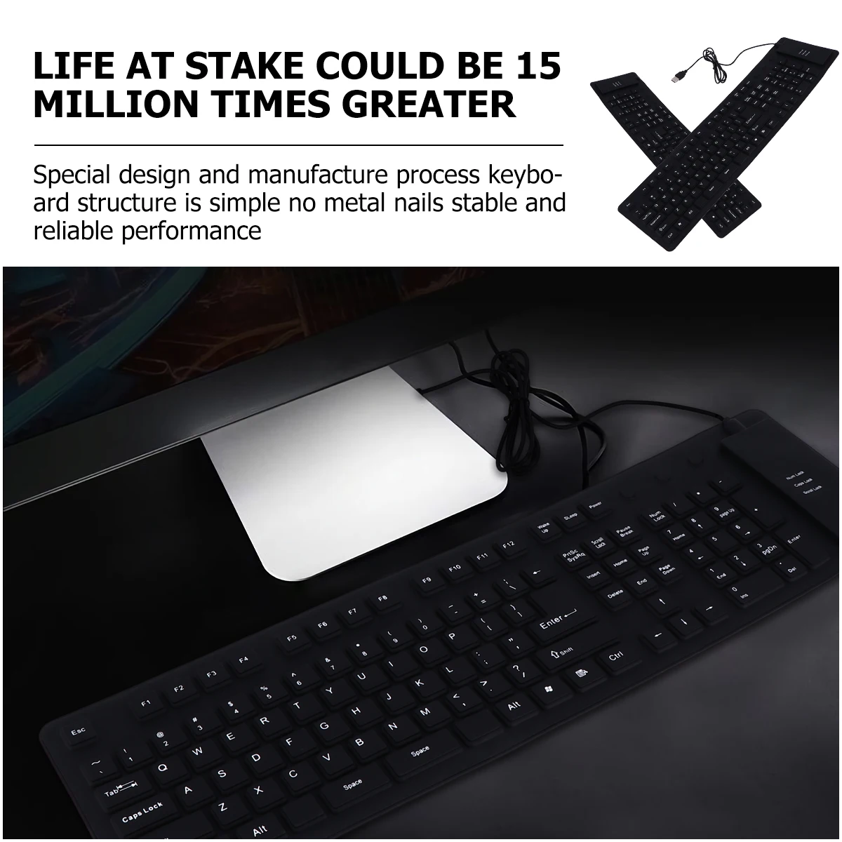 

Ultra Thin Washable Keyboard Wired Dustproof Foldable 109 Keys Black Silicone Mini Portable External Keyboard Waterproof