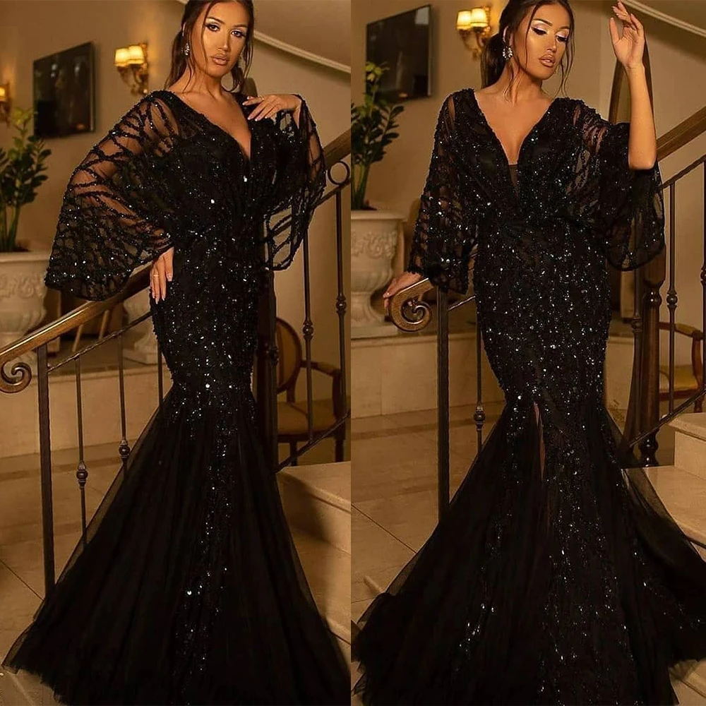 Modest Black Mother of the Bride Dresses Sequined V Neck Mermaid Formal Dress Elegant Long Sleeves Evening Gowns Custom Made