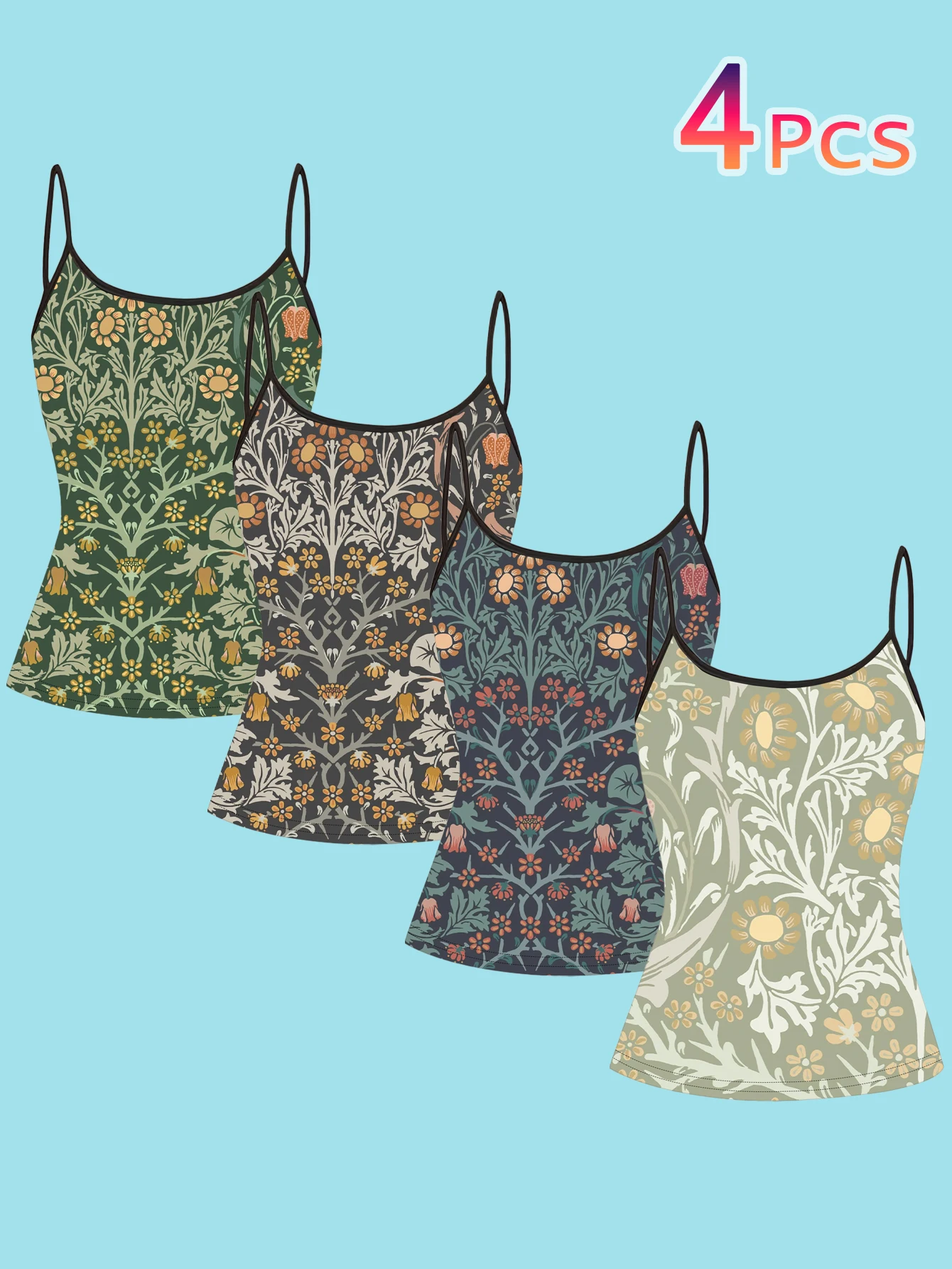 4-Piece Set of Women's Spaghetti Strap Camisoles, Vintage Morris-Style Floral Print Slim-Fit Sleeveless Tops, English Pastoral Art Style Outerwear and Innerwear Base Shirts