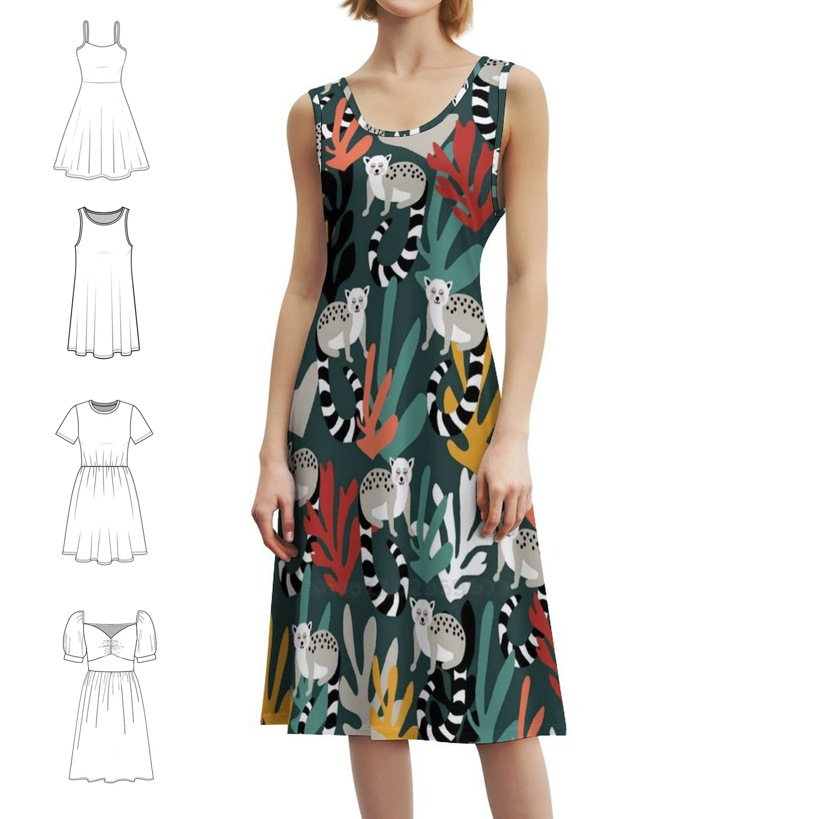 فستان بوهيمي بدون أكمام بطباعة ليمور مع أوراق استوائية للنساء، فساتين حفلات الشاطئ مطبوعة باللون الأصفر والأزرق والأسود والرمادي والوردي #1