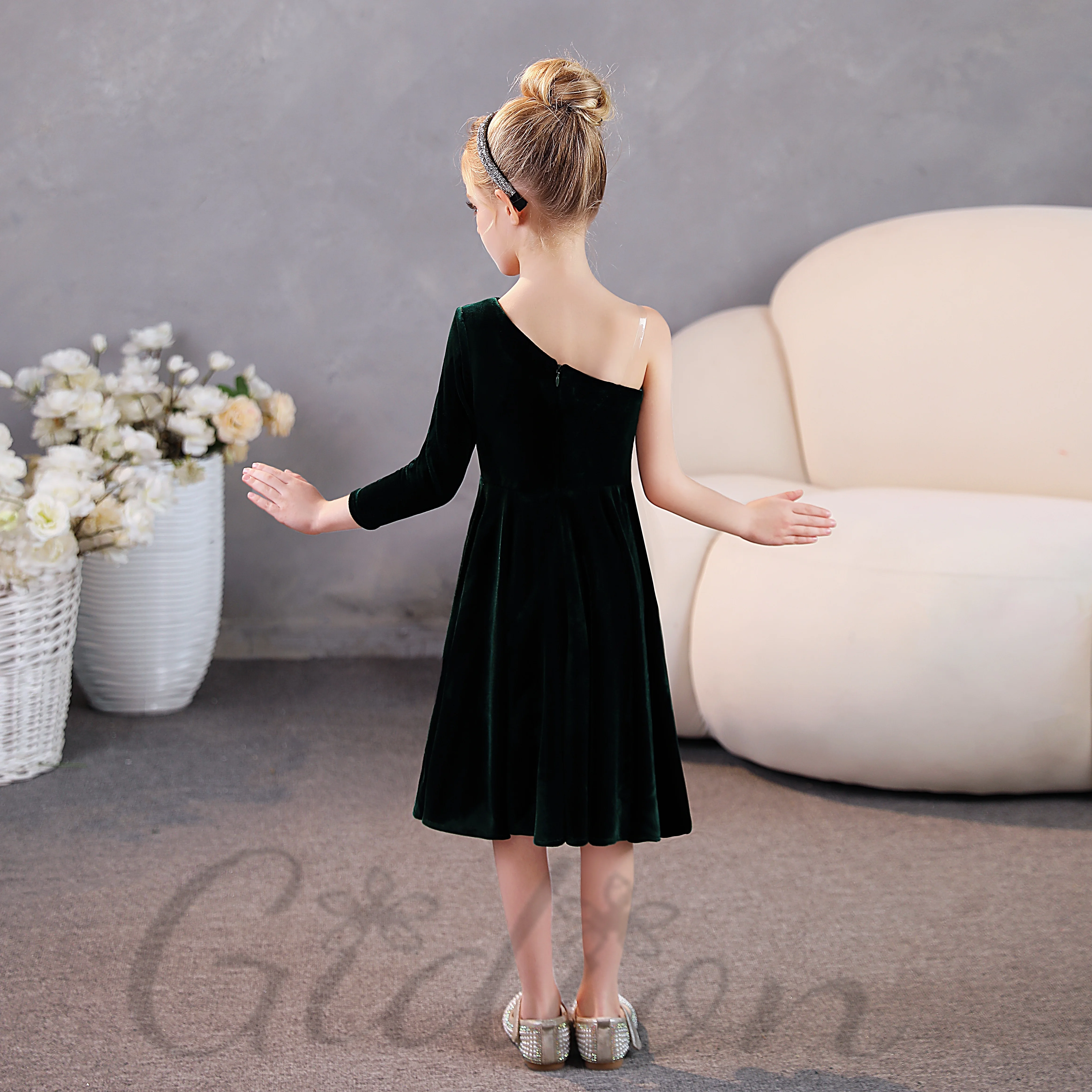 Velvet Black Green Junior Bridesmaid Dress For Kids Festivity Celebration Wedding Show Banquet Prom Night Any Event Party Ball